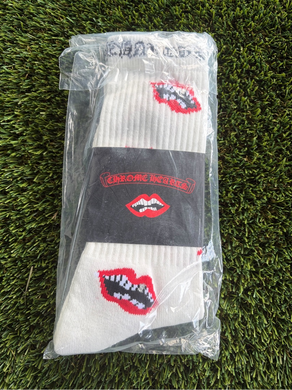 Chrome Hearts White Crew Socks with Red Lip Motif